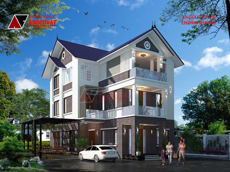 Phương án thiết kế biệt thự nhà vườn 3 tầng 2 mặt tiền mái thái ở Nam Định BT825098