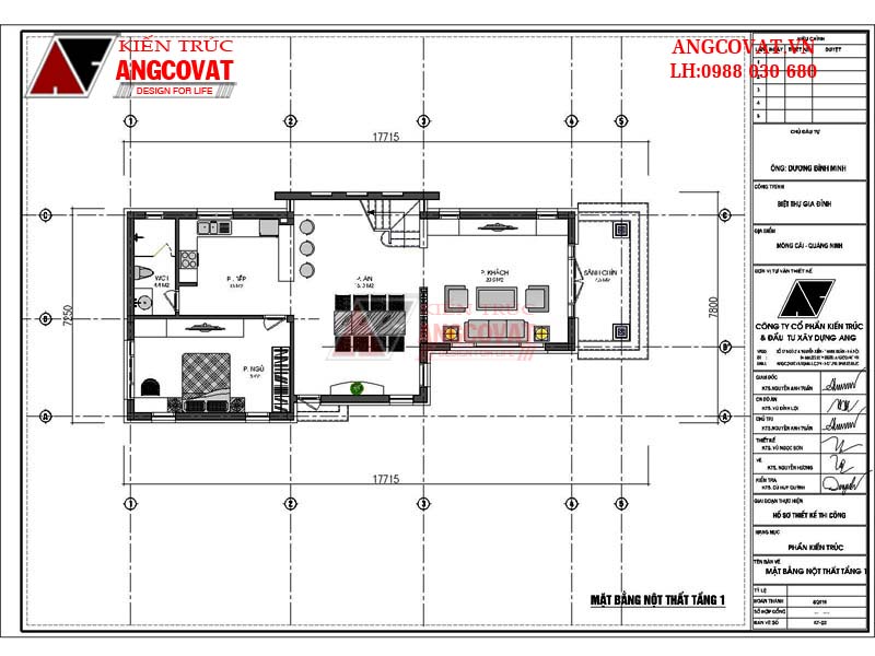 Mặt bằng nội thất tầng 1 của mẫu nhà cấp 4 có gác lửng mặt tiền 7x17m 3 phòng ngủ