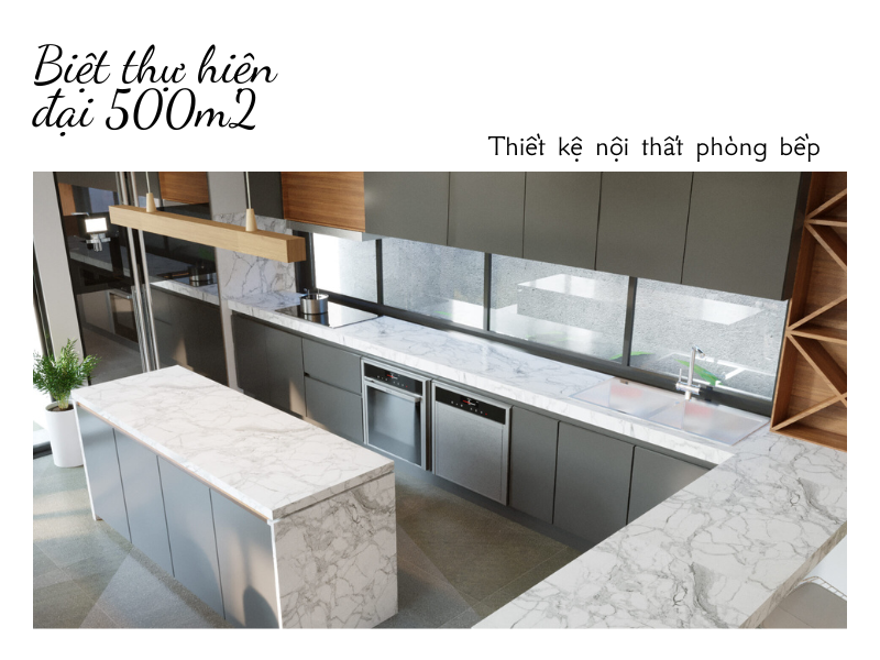 Phối cảnh nội thất 4: Phòng bếp mẫu biệt thự hiện đại 500m2 mái bằng