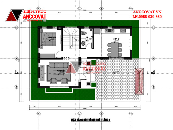phương án 3- tư vấn kiến trúc nhà 7x12m 2 tầng - mặt bằng tầng 1
