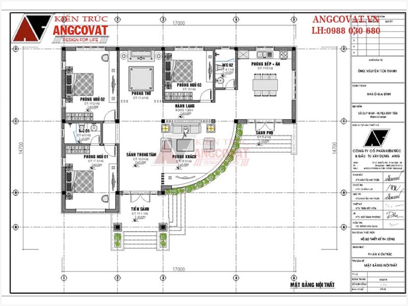 Mặt bằng bản vẽ thiết kế nhà biệt thự 1 tầng đẹp mặt tiền 20m có 3 phòng ngủ tại Hà Nam