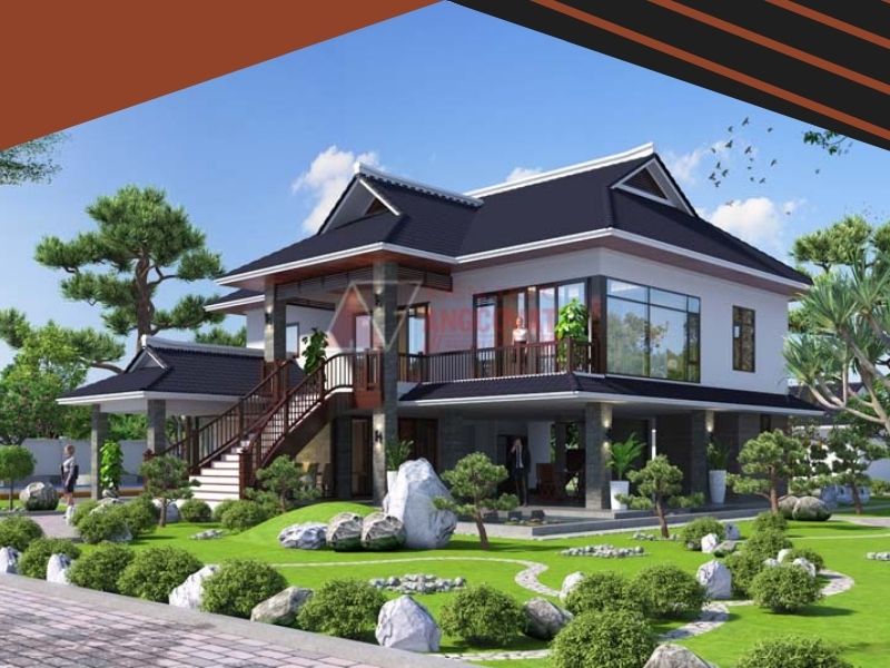 Hình ảnh phối cảnh 2 mẫu nhà villa 2 tầng đẹp có bể bơi phong cách Nhật Bản