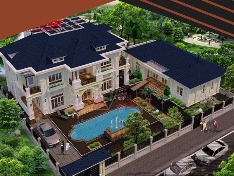 Tổng thể mẫu nhà villa 2 tầng đẹp có bể bơi phong cách tân cổ điển nhìn từ trên cao