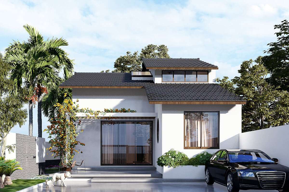 Nhìn từ xa, mẫu thiết kế nhà tại Hà Nam hiện lên nổi bật với mái thái màu xanh đen hòa quyện cùng nền sơn trắng chủ đạo. 