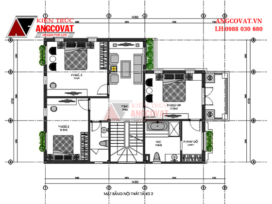 Thiết kế nhà đơn giản mà đẹp 3 tầng mẫu 12 với mặt bằng tầng 2