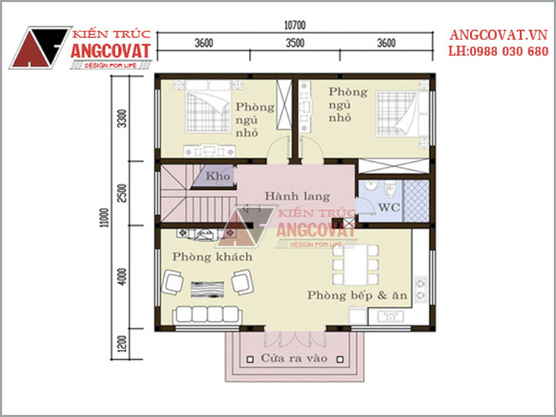 Mặt bằng tầng 1: Bản vẽ nhà gác lửng 3 phòng ngủ nhỏ xinh có kích thuớc 11x11m