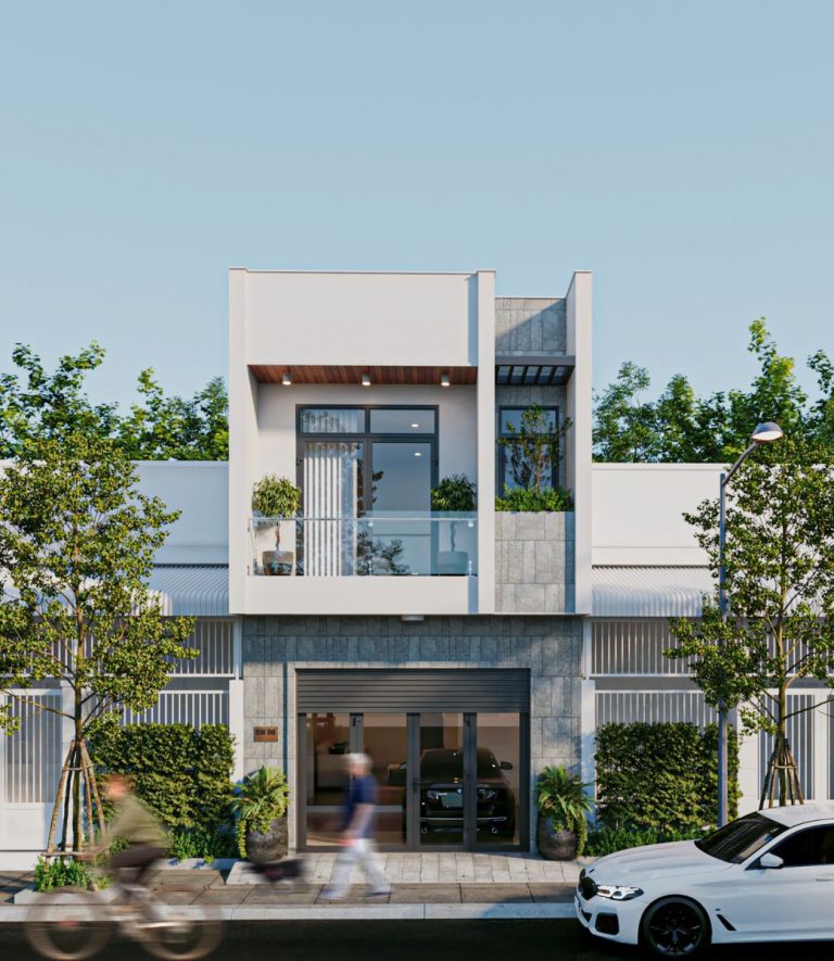 Thiết kế nhà 2 tầng hiện đại gam màu trắng sứ
