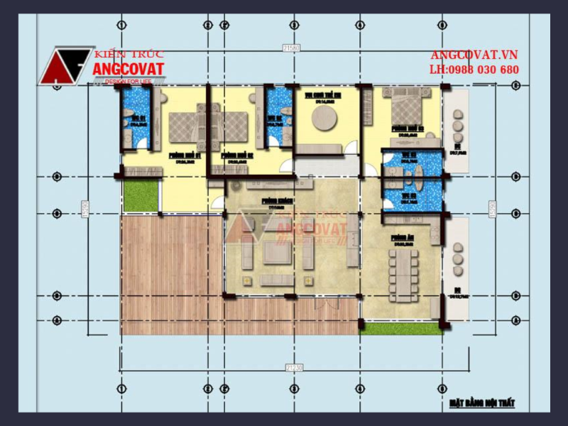 18. Bản vẽ mặt bằng nội thất nhà mái Nhật 1 tầng 3 phòng ngủ hiện đại 270 m2