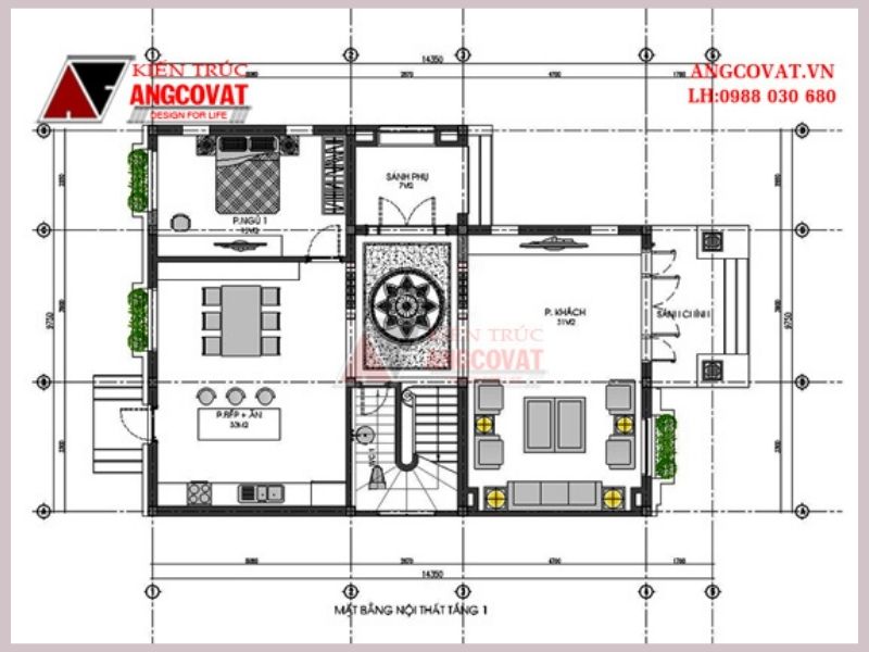 Bản vẽ mặt bằng tầng 1 mẫu nhà mái thái chữ L 3 tầng 120m2 5 phòng ngủ