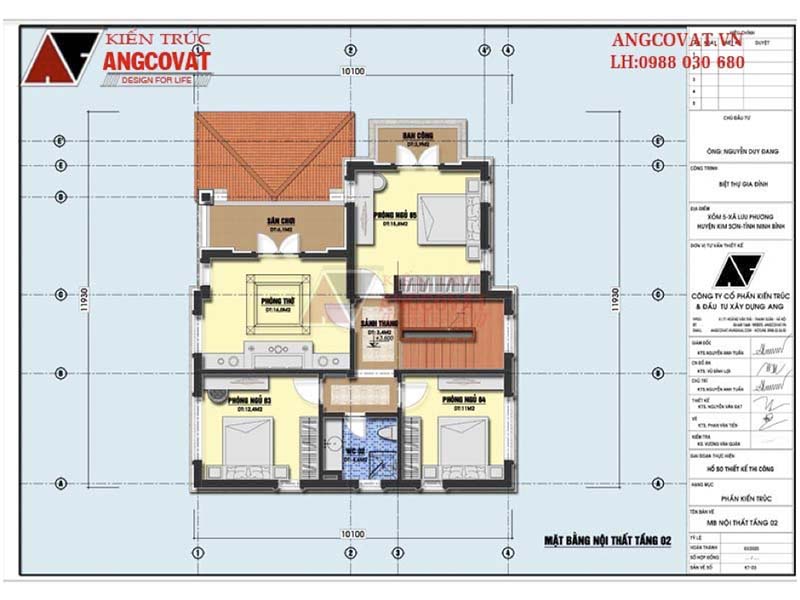 Mặt bằng tầng 2: Phương án thiết kế nhà vuông 2 tầng mái Nhật diện tích 100m2 có 5 phòng ngủ