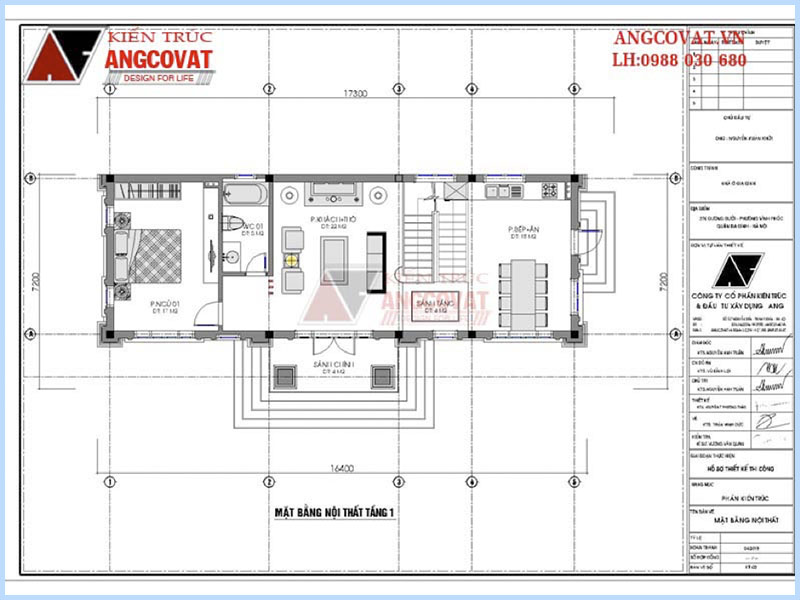 Mặt bằng tầng 1: Thiết kế nhà 90m2 3 phòng ngủ mặt tiền 17m kiến trúc tân cổ điển