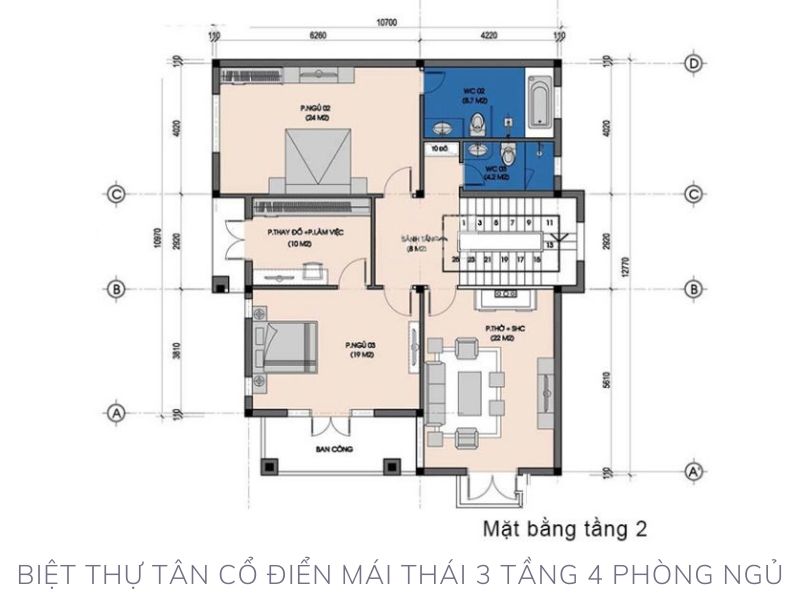 Bản vẽ mặt bằng tầng 2 biệt thự tân cổ điển mái thái 3 tầng 4 phòng ngủ