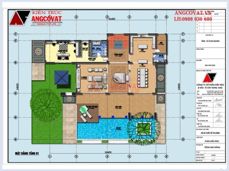 Bản vẽ mặt bằng tầng 1 thiết kế nhà đẹp Vĩnh Phúc 500m2 kiểu biệt thự nghỉ dưỡng