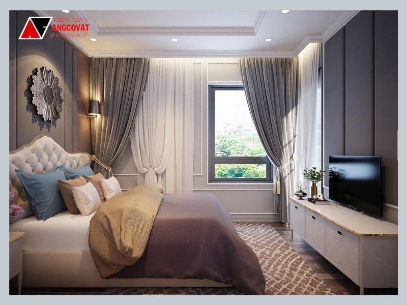 Nội thất phòng ngủ của mẫu biệt thự 1 tầng tân cổ điển đẹp được bố trí đầy đủ công năng và thẩm mỹ