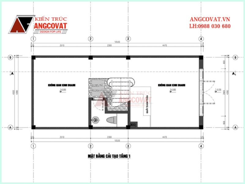 Mặt bằng tầng 1 thiết kế nhà ống 50m2 4 tầng có 5 phòng ngủ tại Ba Đình – Hà Nội