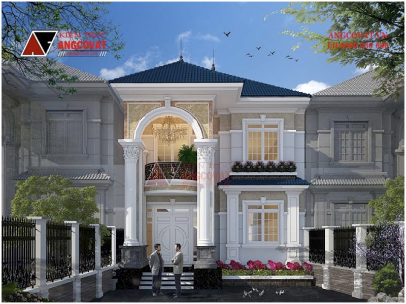 Phối cảnh 3D: Mẫu thiết kế nhà 2 tầng 180m2 mặt tiền 8m tân cổ điển tại Hoà Bình