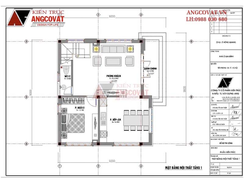 Mặt bằng tầng 1: Mẫu nhà vuông rẻ đẹp 3 tầng mái lệch độc đáo kích thước 9x9m có 3 phòng ngủ