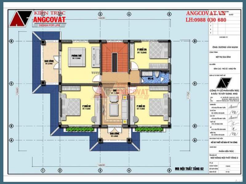   Mặt bằng tầng 2: Mẫu thiết kế biệt thự mặt tiền 15m hiện đại mái thái 2 tầng