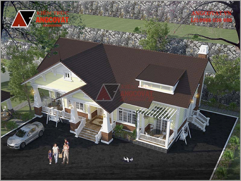 Phối cảnh 3D view 2: xây nhà mái thái 1 trệt trẻ trung, lãng mạn diện tích 250m2