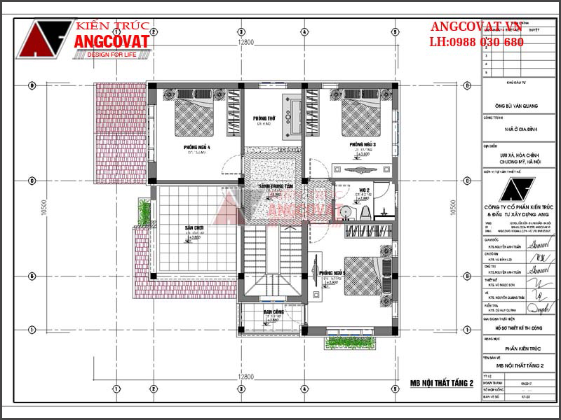 Mặt bằng tầng 2: Bản vẽ thiết kế nhà vuông 2 tầng 110m2 5 phòng ngủ
