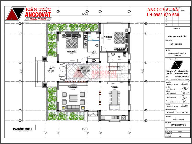 Mặt bằng tầng 1: Bản vẽ thiết kế nhà vuông 2 tầng 150m2 có 4 phòng ngủ