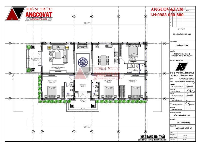 Mặt bằng nội thất thiết kế nhà trệt mái thái 4 phòng ngủ kích thước 12x20m tại Thái Nguyên