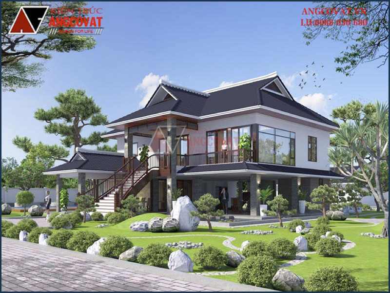 Phối cảnh 3D: Bản vẽ thiết kế nhà 2 tầng mái Nhật theo lối nhà sàn hiện đại 250m2