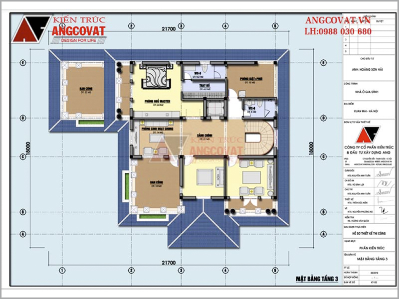 Mặt bằng tầng 3: Hồ sơ thiết kế kiến trúc biệt thự 3 tầng 220m2 4 phòng ngủ