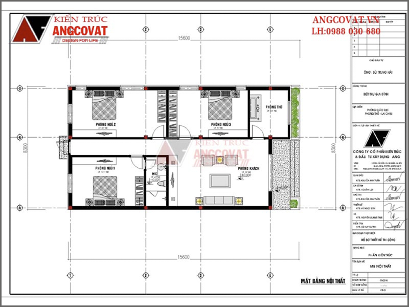 Mặt bằng nội thất: Thiết kế nhà cấp 4 mái thái 1 tầng 3 phòng ngủ kích thước 8x15m