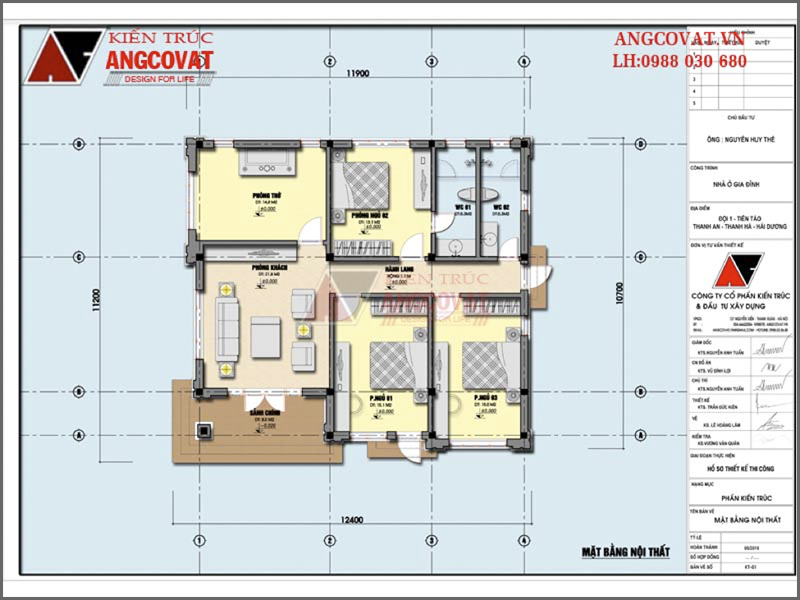 Mặt bằng nội thất: Thiết kế nhà cấp 4 mái thái 1 tầng 3 phòng ngủ kích thước 11x12m