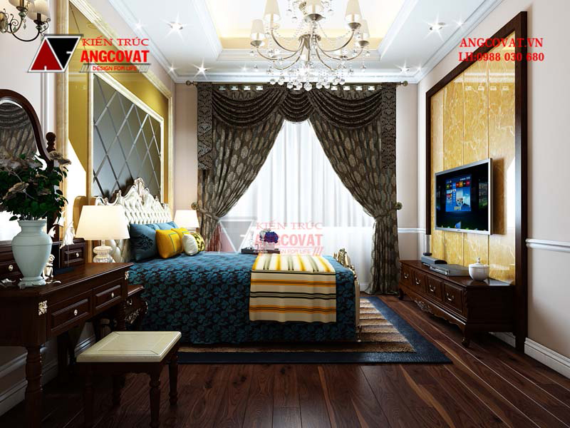 Phòng ngủ master tân cổ điển được thiết kế xa hoa nhưng vẫn đảm bảo sự tiện nghi