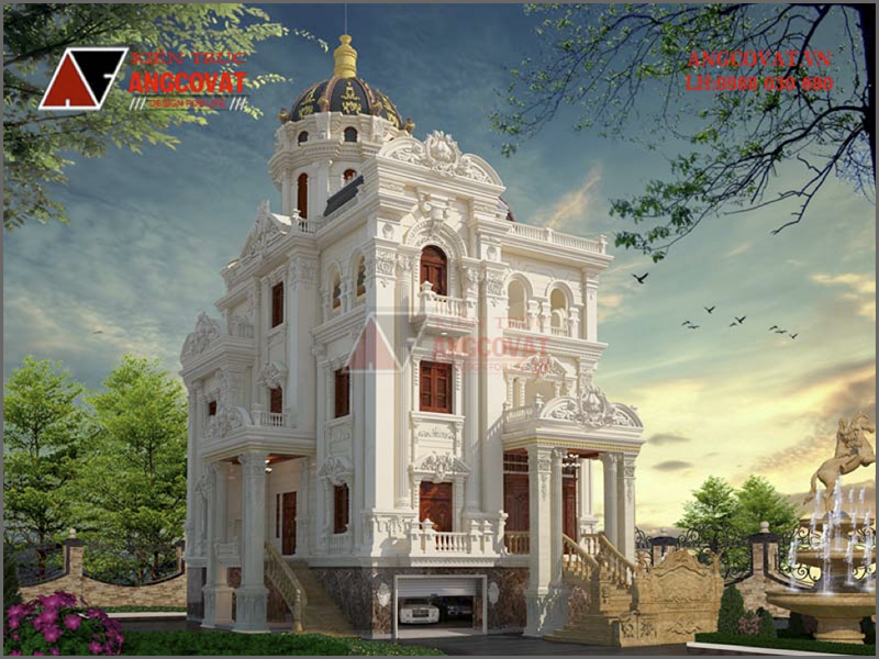 Hình ảnh phối cảnh 3D: Bản thiết kế nhà biệt thự kiểu Pháp kích thước 13x17m