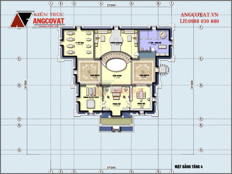 Mặt bằng nội thất tầng 3: Bản thiết kế nhà biệt thự kiểu Pháp 4 tầng xa hoa kích thước 27x31m