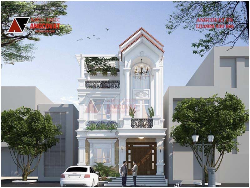 Phối cảnh: Thiết kế nhà mặt tiền 6m 3 tầng tân cổ điển đẹp mái ngói của gia chủ tại Hà Nội