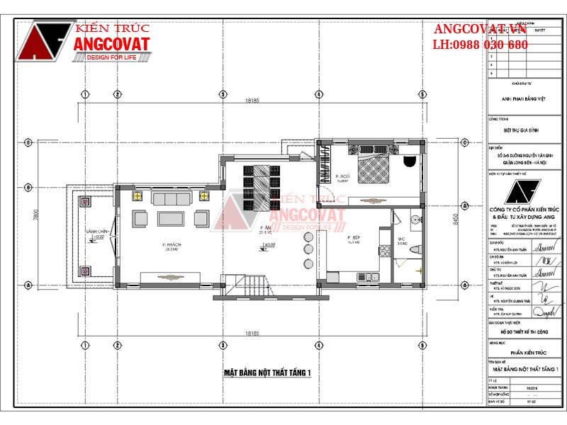 Mặt bằng nội thất tầng 1: Thiết kế biệt thự 9x18m có 3 phòng ngủ mái thái hấp dẫn