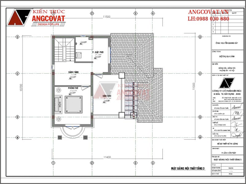 Mặt bằng tầng 3: Thiết kế biệt thự kiểu pháp tại Hà Nội 3 tầng 2 mặt tiền diện tích 95m2