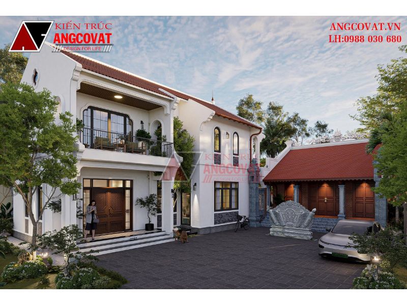Nét giao thoa Đông – Tây trong mẫu nhà 2 tầng Indochine 120m² kết hợp nhà thờ họ 70m² trang nghiêm  BT270126