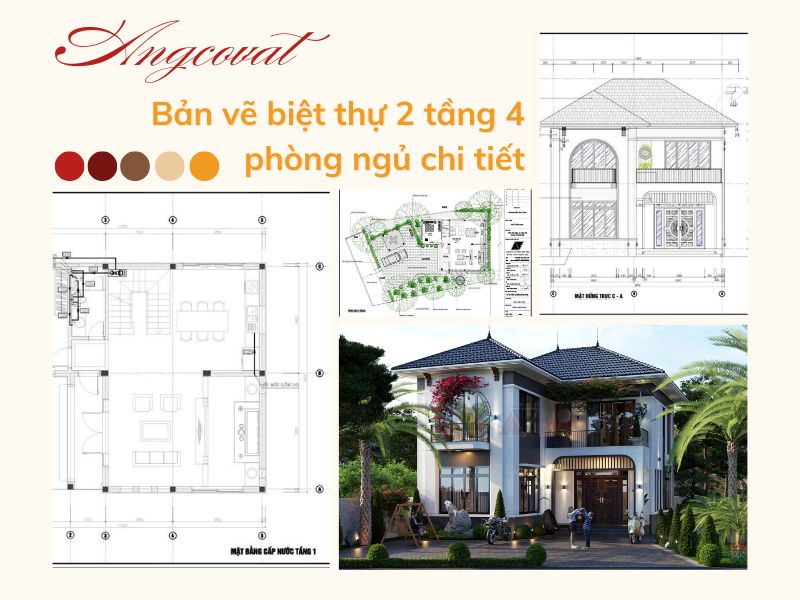 Phân tích bản vẽ biệt thự 2 tầng 4 phòng ngủ chi tiết 
