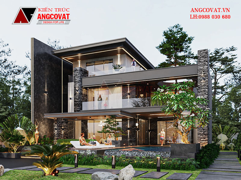 Mẫu thiết kế biệt thự 3 tầng hiện đại đẹp mái bằng có bể bơi BT530120   Kiến trúc Angcovat