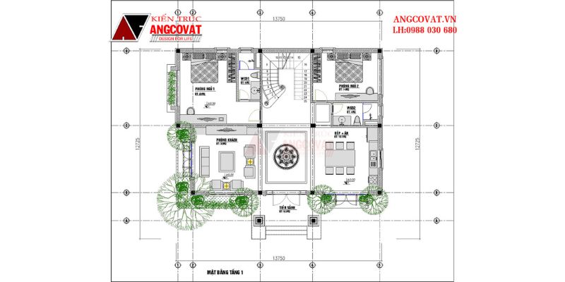 Mặt bằng khu vực tầng 1 biệt thự 2 tầng mái nhật 130m2
