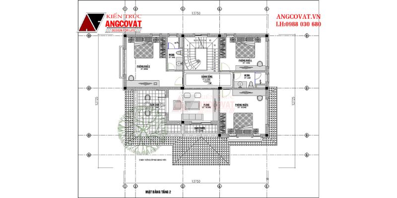 Mặt bằng khu vực tầng 2 biệt thự 2 tầng mái nhật 130m2