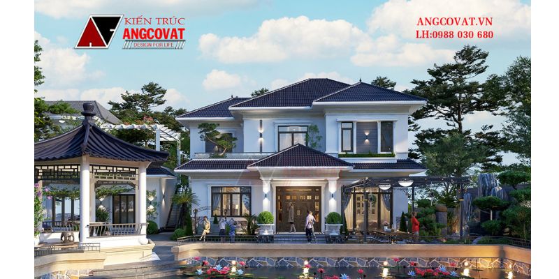 Mặt tiền rộng và bề thế của công trình biệt thự 2 tầng 130m2