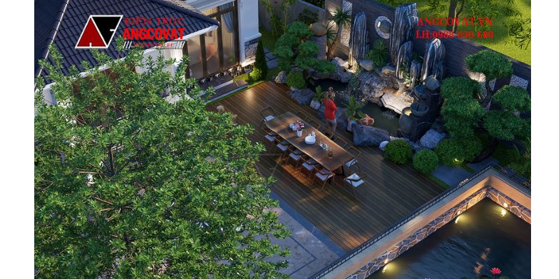 Khu vực bàn ăn ngoài trời trong căn biệt thự 130m2 2 tầng