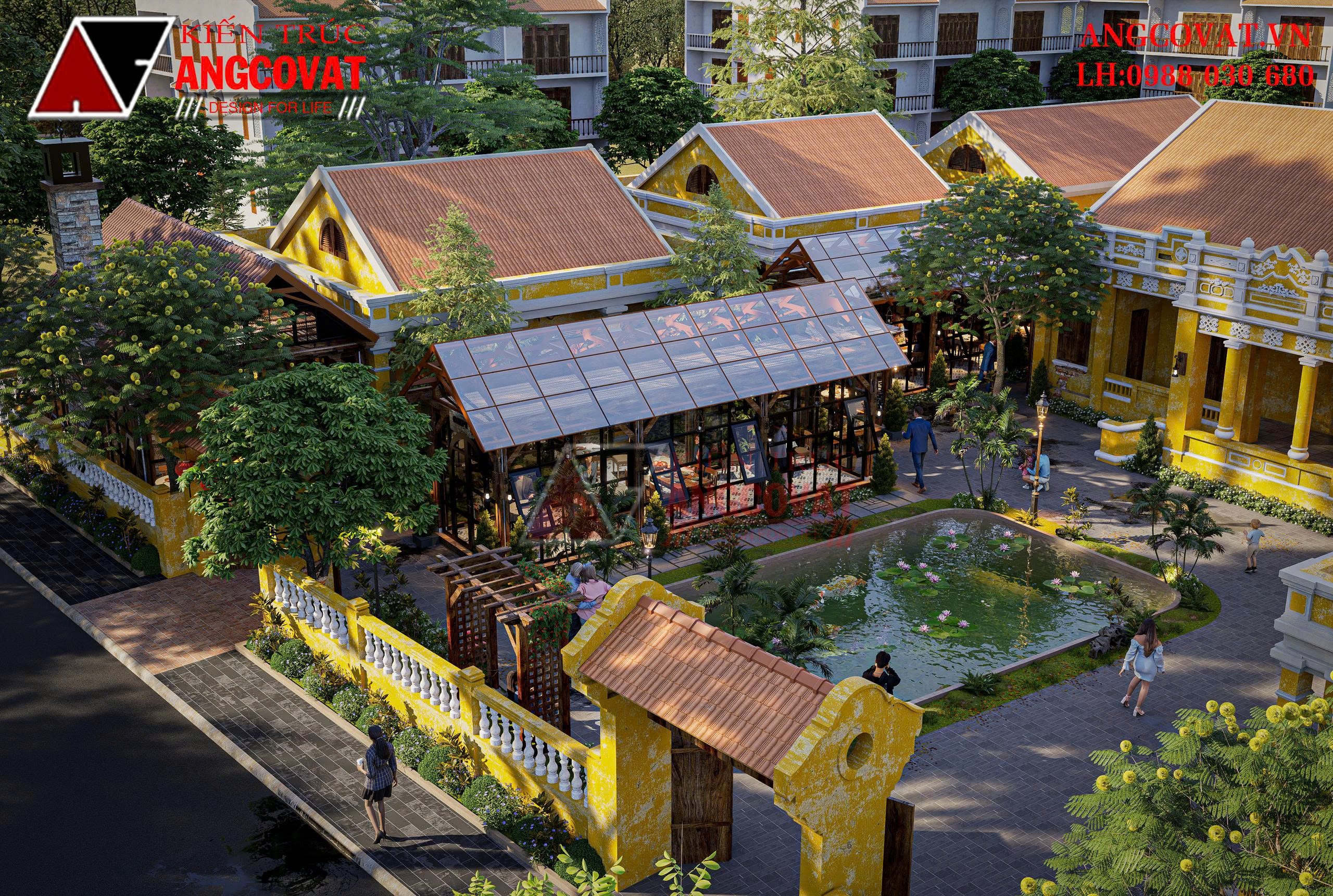 Khung ảnh hài hòa giữa kiến trúc cổ kính và thiên nhiên xanh mát trong thiết kế nhà hàng sân vườn đẹp phong cách Hội An