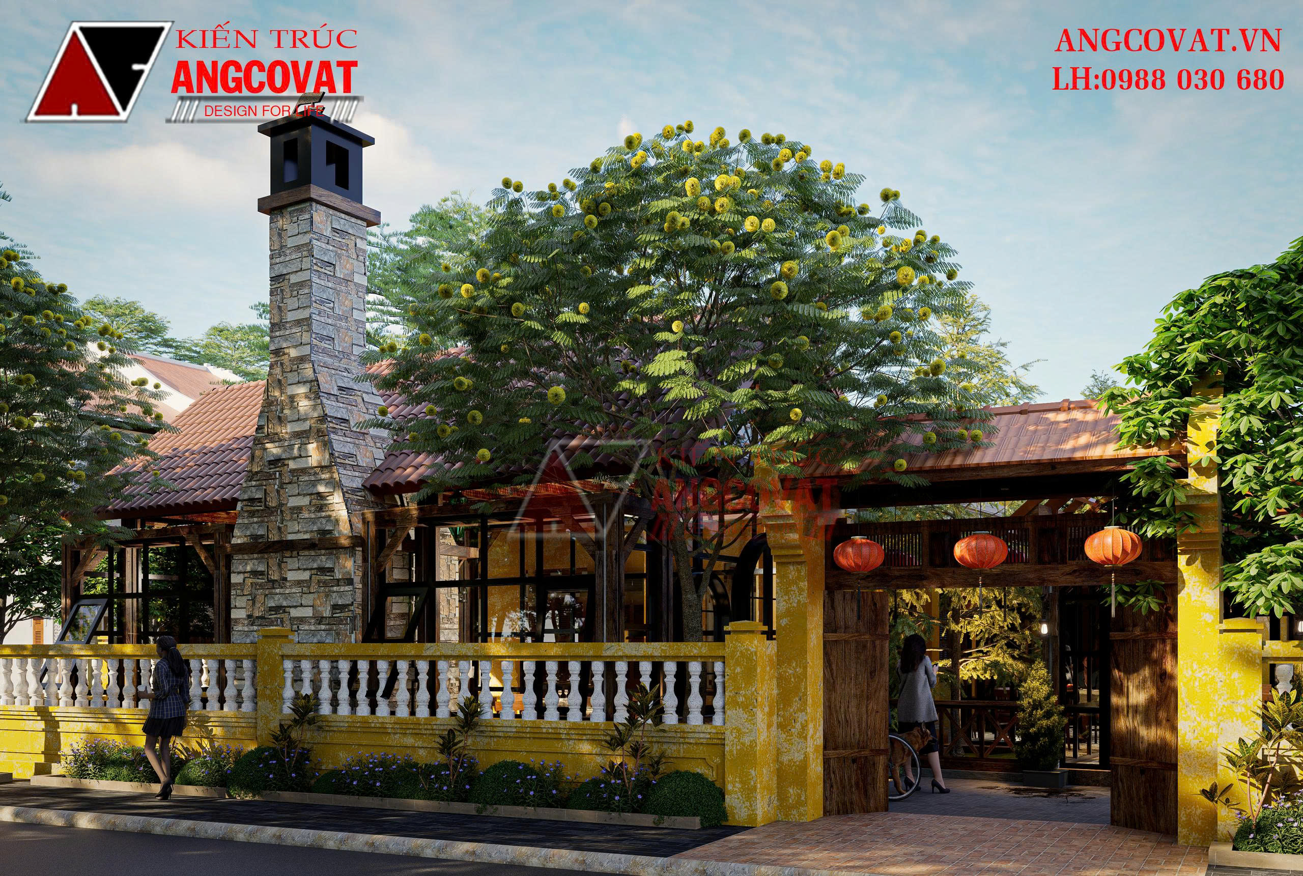 Cổng chào thiết kế mộc mạc thể hiện lời chào đón nhẹ nhàng dẫn lối thực khách bước vào không gian ấm cúng bên trong nhà hàng