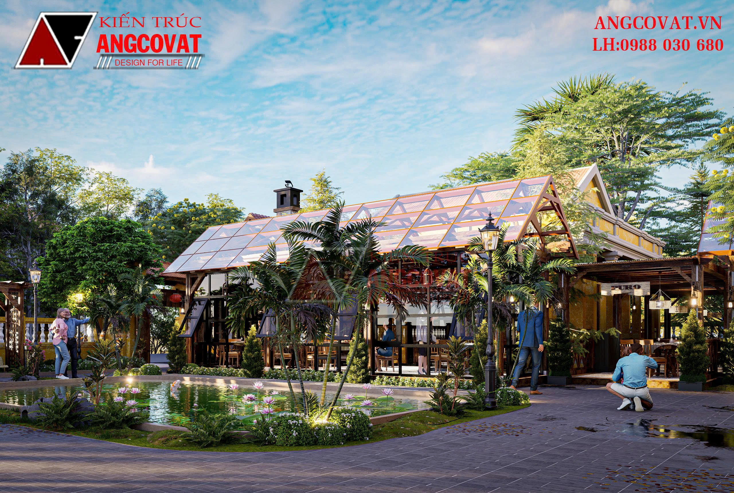 Không gian ăn uống ngoài trời thiết kế mở, giúp tăng sự kết nối với cảnh quan xung quanh