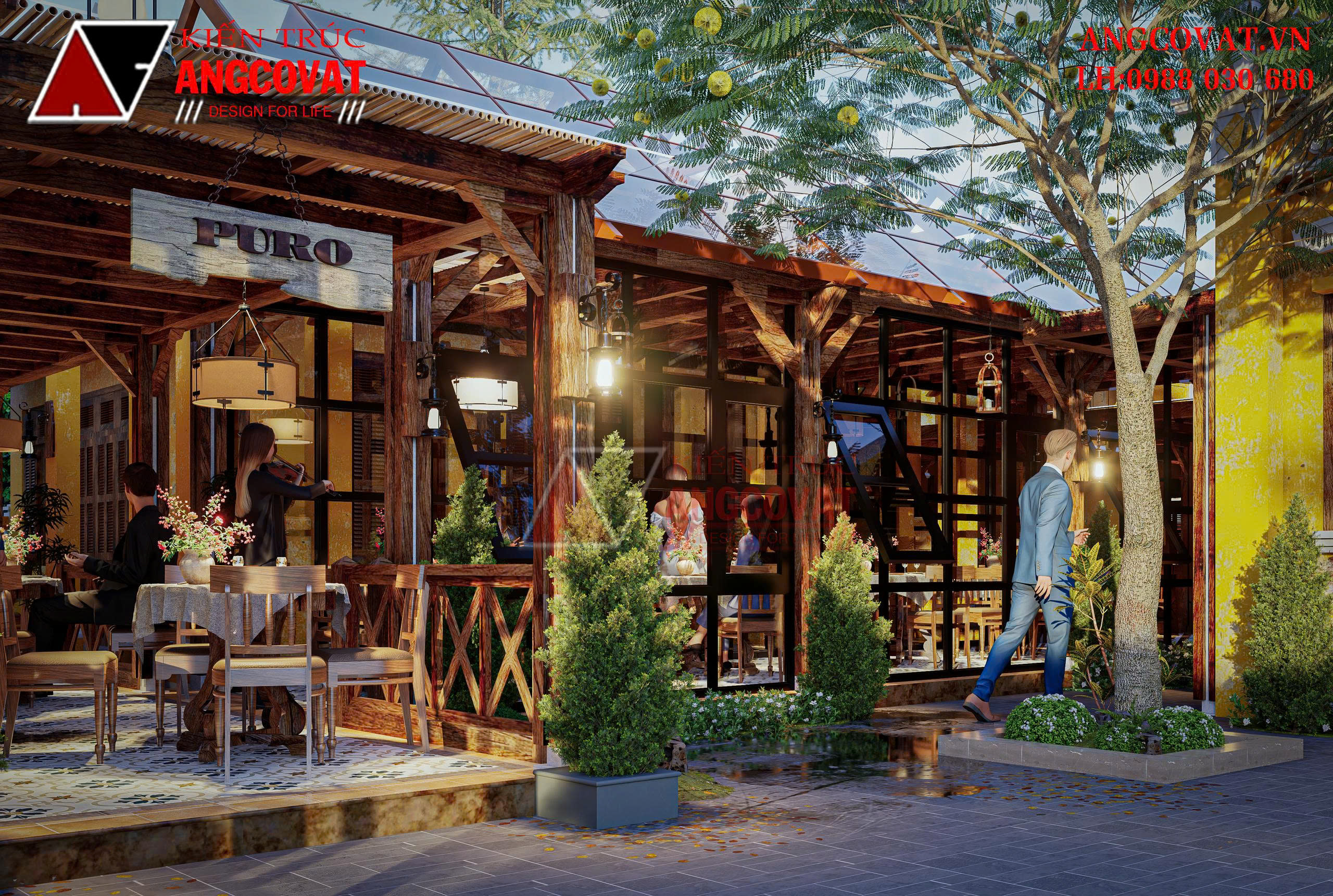 Vật liệu lựa chọn chất liệu gỗ, hài hòa với kiến trúc cổ kính tổng thể