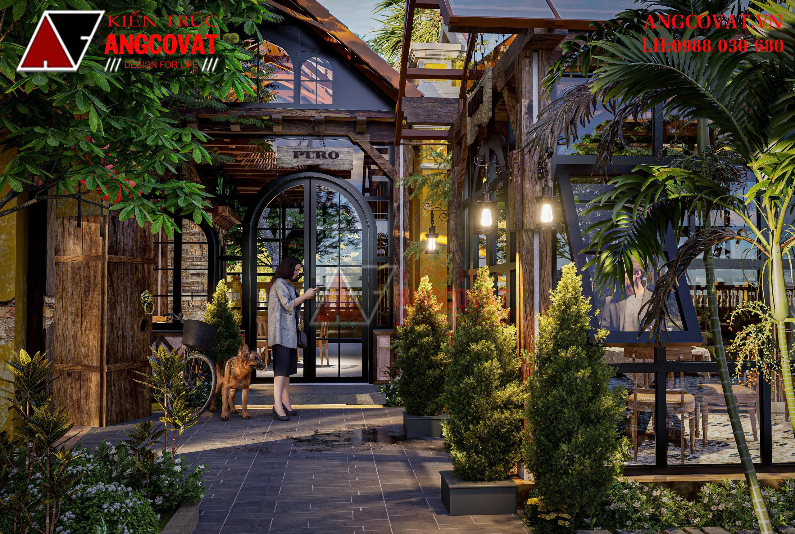 Lối đi kết nối liền mạch các không gian nhà hàng đan xen tiểu cảnh đẹp mắt