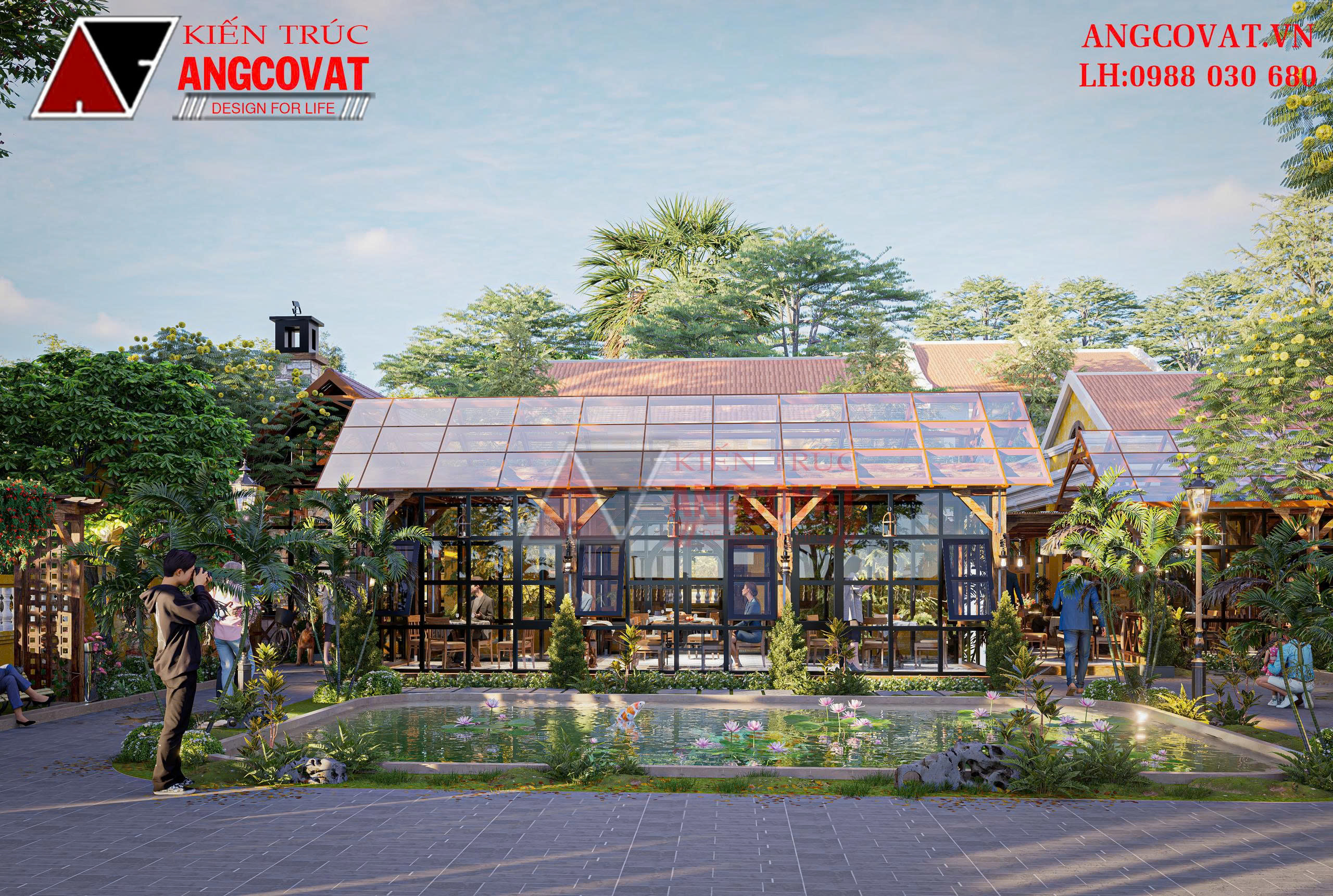 Thiết kế ao sen vừa tạo điểm nhấn sinh động lại mang đến cảm giác thư giãn, thoải mái cho các khách hàng