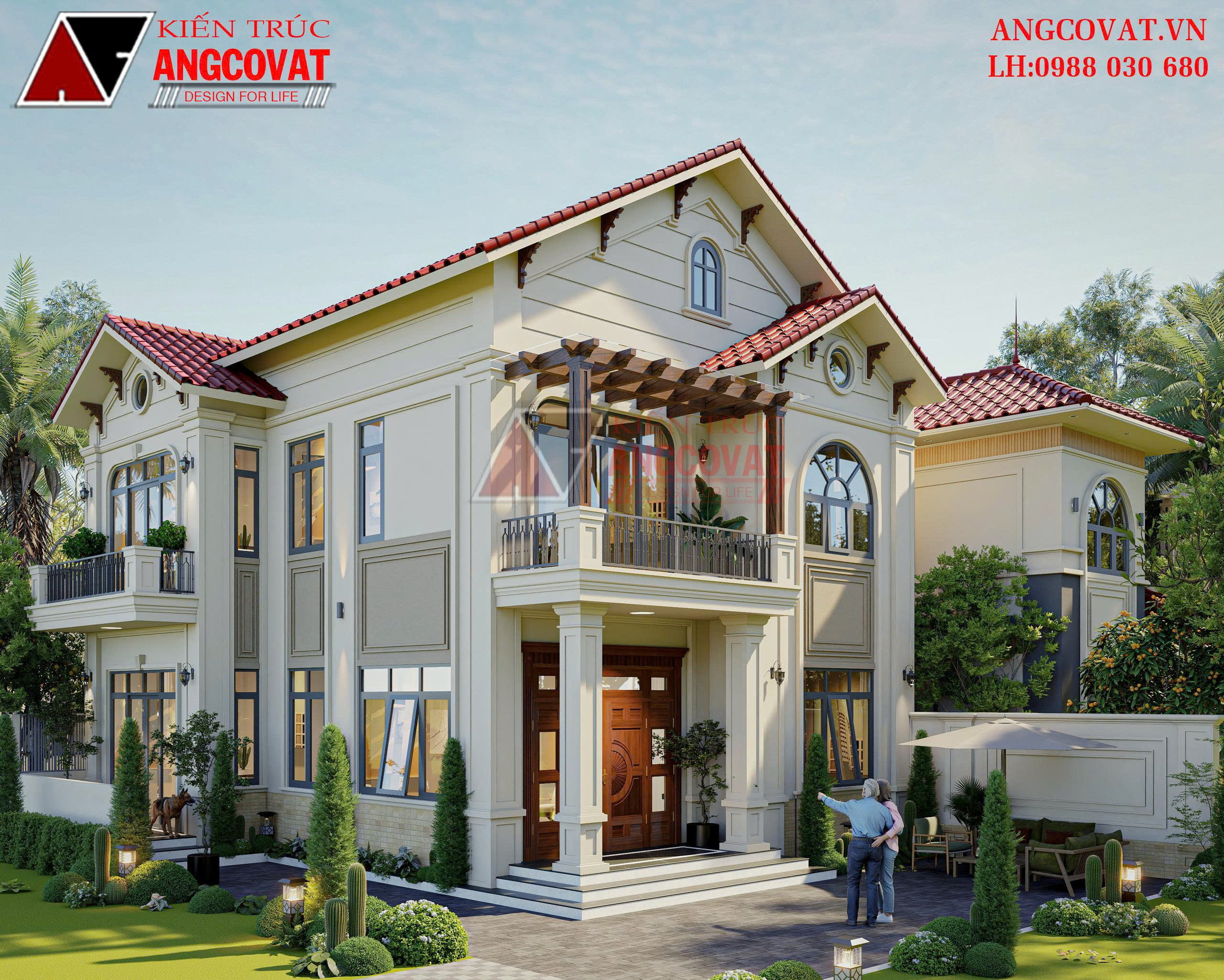 Hình ảnh 3D bản vẽ nhà 2 tầng 9x12m mái Thái tân cổ thanh lịch